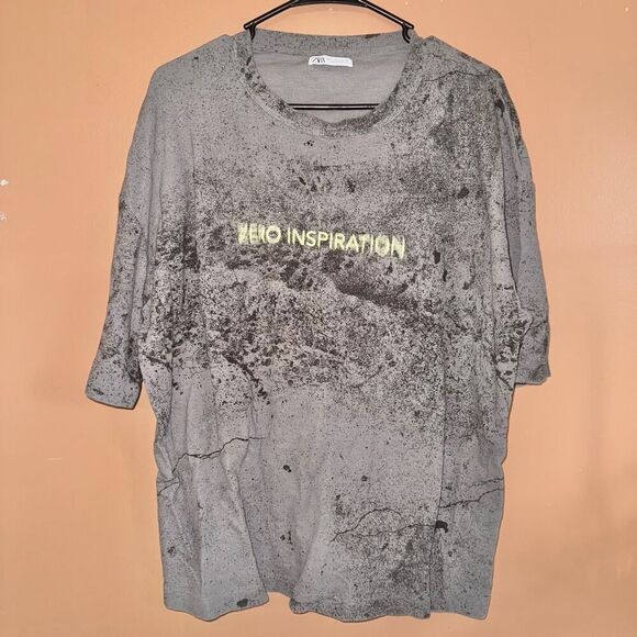 ZARA Men's Gray Ribbed Zero Inspiration Short Sleeve Graphic Oversized Tee XL - Picture 1 of 8